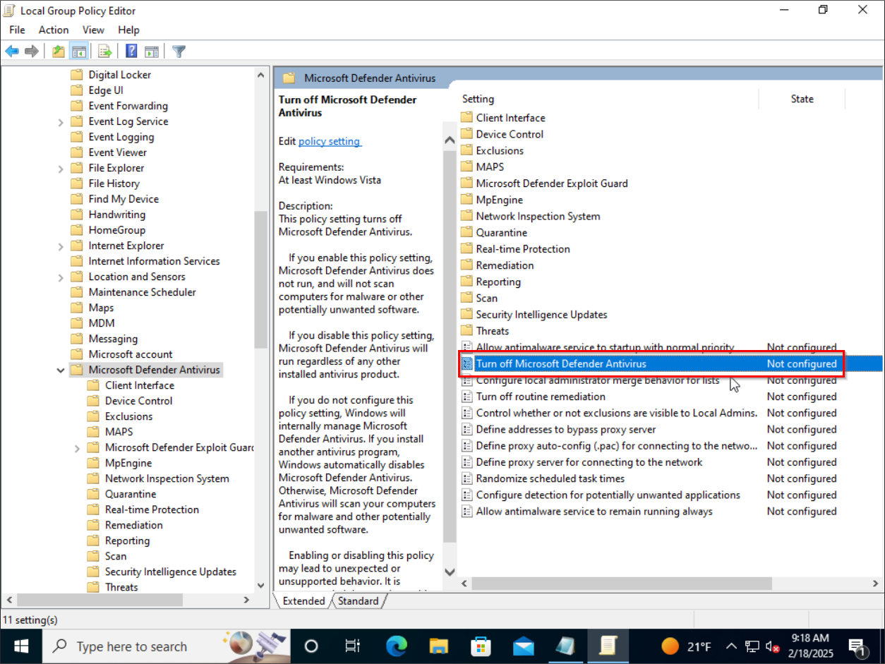 gpedit defender disable
